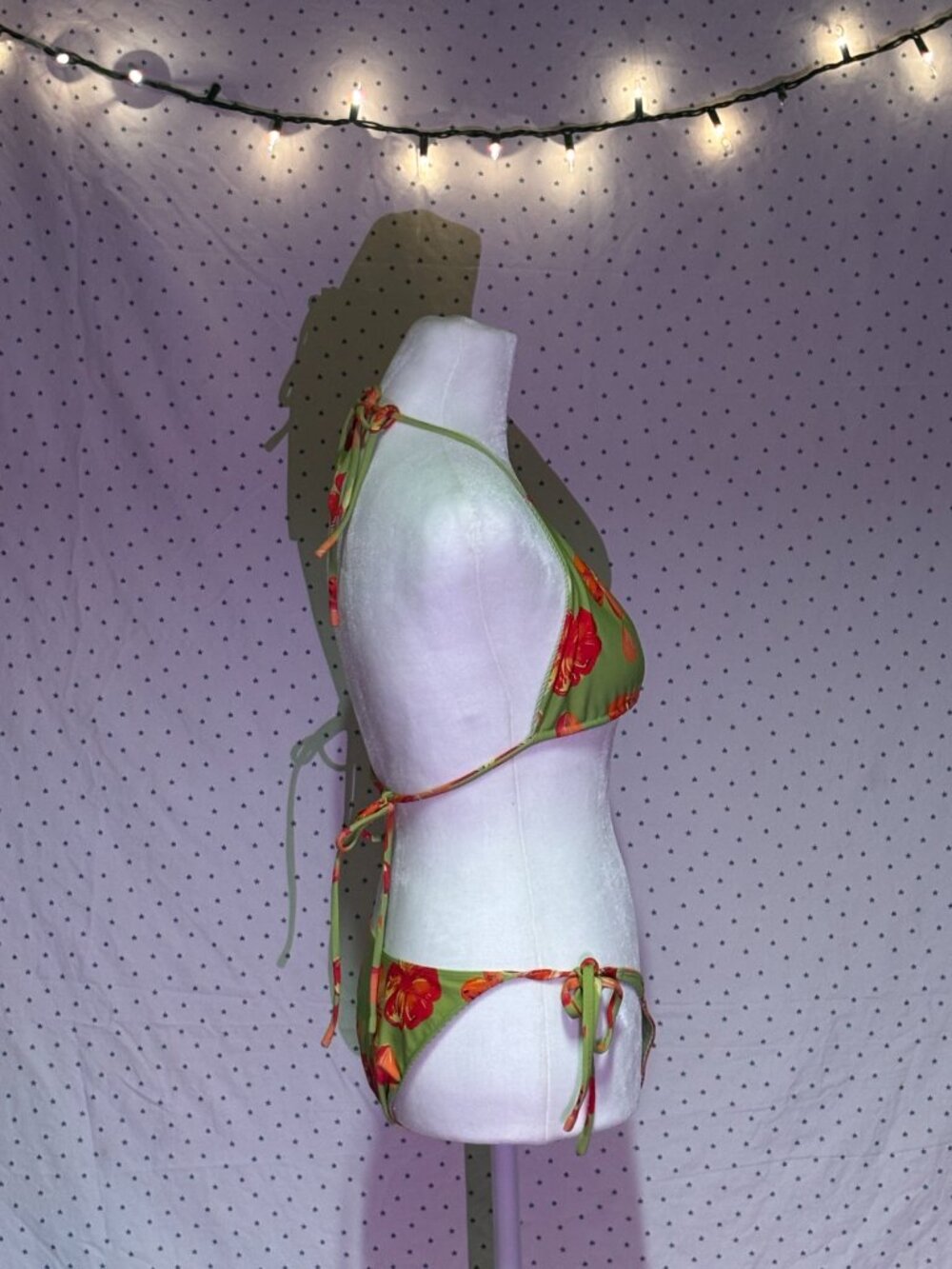 Green Floral Bikini Set Size Small Triangle Top Y2K - Picture 3 of 4